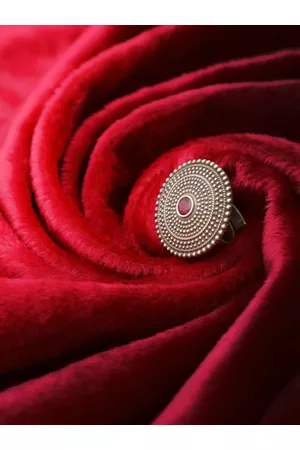 Adwitiya Collection Maroon Silver-Plated Oxidised Studded Adjustable Finger Ring