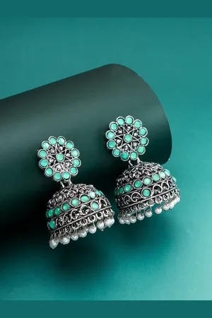 Aadita Silver-Toned Floral Jhumkas Earrings