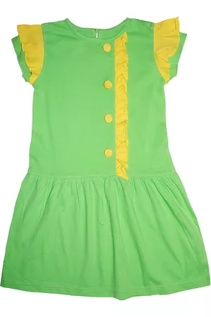KiddoPanti Girls Green Solid Cotton Peplum Dress