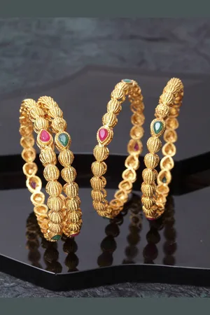 Shining Diva Set Of 4 Gold-Plated Pink & Green Stone-Studded Antique Bangles