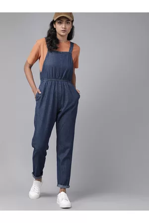 Roadster Women Jumpsuits - The Lifestyle Co Women Blue Pure Cotton Basic Belted Jumpsuit