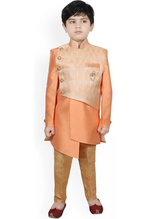 SG Boys Orange & Gold-Coloured Woven-Design Sherwani Set