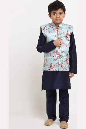 Kraft Boys Navy Blue Floral Dupion Silk Kurta with Churidar & Nehru Jacket