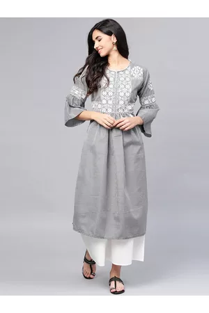 Bhama Couture Women Grey Pleated Thread Work Kurta with Palazzos
