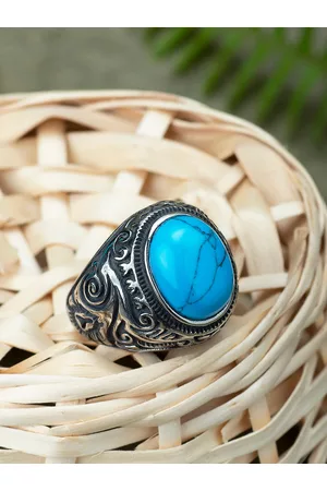 Peora Men Silver-Toned & Blue Stone-Studded Ring