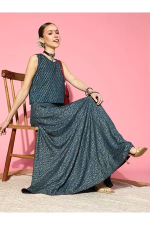 Sangria Women Teal Printed Top with Skirt