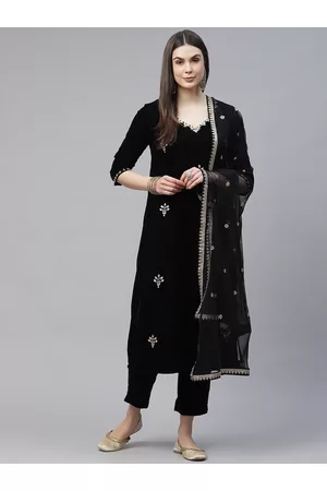Divena World Women Black Sequinned Velvet Kurta with Trousers & Dupatta