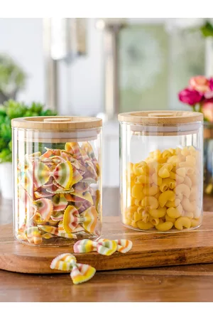 GOODHOMES Set Of 2 Transparent Round Medium Storage Jars With Brown Lid