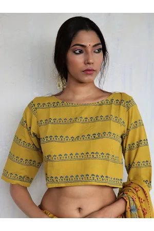 Chidiyaa Women Mustard Yellow & Blue Cotton Saree Blouse