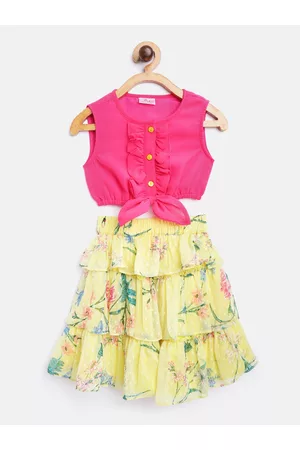 pspeaches Girls Pink & Yellow Solid Blouson Ruffled Top with Tiered Skirt
