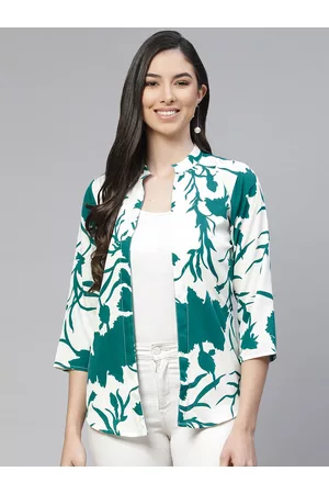 Cottinfab Women Green & White Printed Tropical Shrug
