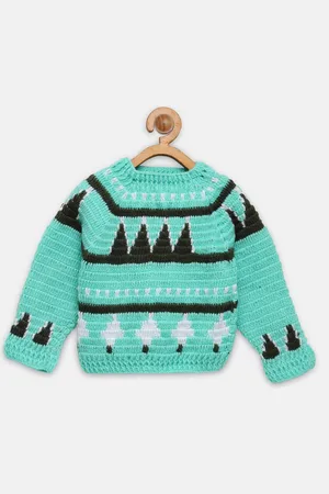 CHUTPUT Unisex Kids Green & Black Pure Wool Pullover