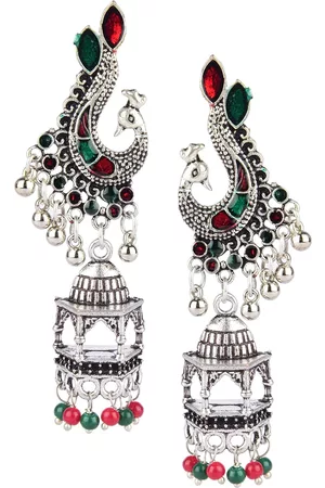 DESI COLOUR Silver-Toned Peacock Shaped Chandbalis Earrings