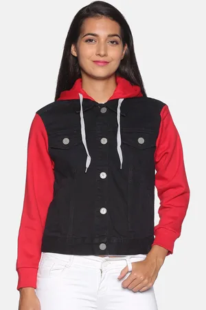 Campus Women Black Red Colourblocked Windcheater Denim Jacket