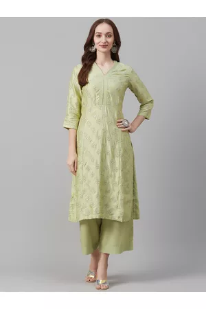 Biba Women Green & Golden Embroidered Kurta with Palazzos & Dupatta