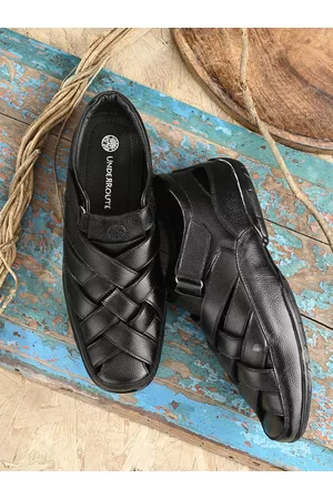 UNDERROUTE Men Black Leather Fisherman Sandals
