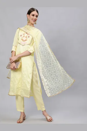 Ishin Women Yellow Embroidered Regular Beads and Stones Kurta with Trousers & With Dupatta