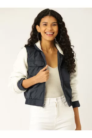 DressBerry Women Navy Blue Solid Bomber Jacket
