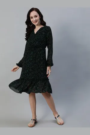 Ishin Women Black & Green Printed Georgette Wrap Dress