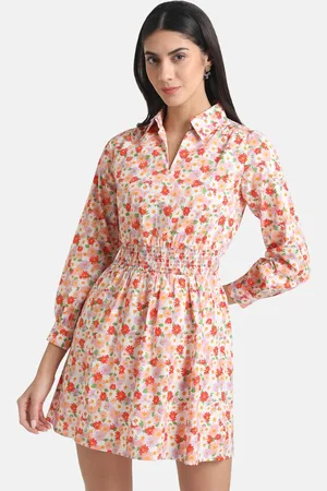 Kazo Women Orange Floral Smocked Fit and Flare Cotton Dress