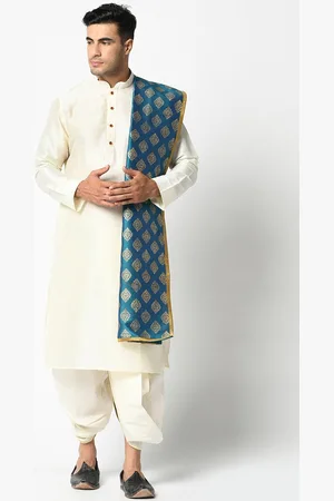 DEYANN Men Off-White & Blue Solid Kurta with Dhoti Pants & Dupatta