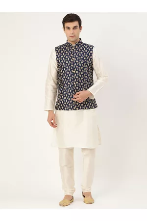 SOJANYA Men Off-White & Navy Blue Solid Kurta with Churidar & Nehru Jacket