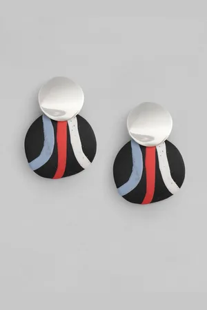 justpeachy Multi-Coloured Silver-Plated Striped Clay Circular Drop Earrings