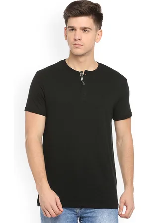 PEOPLE Men Black Solid Henley Neck T-shirt