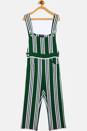 Crimsoune Club Girls Green & White Striped Basic Jumpsuit