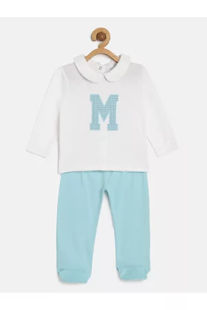 METRO KIDS COMPANY Boys White & Blue Organic Cotton Self Design T-shirt with Pyjamas