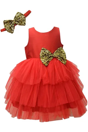 A.T.U.N. Girls Red & Gold-Toned Layered Net Dress with Headband