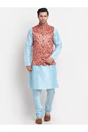 Kraft Men Regular Dupion Silk Kurta with Churidar & Printed Nehru Jacket