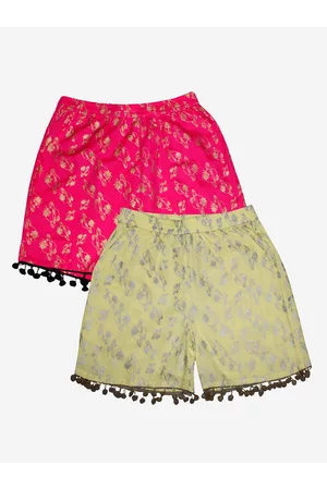 KiddoPanti Girls Pack Of 2 Pink & Lime Yellow Floral Printed Shorts