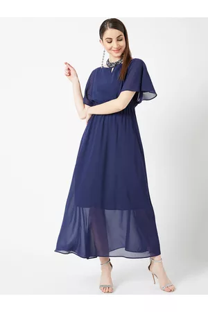 Miss Chase Women Navy Blue Embellished Jewel Collar A-Line Dress