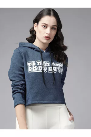 KASSUALLY Women Blue & White Printed Hooded Sweatshirt
