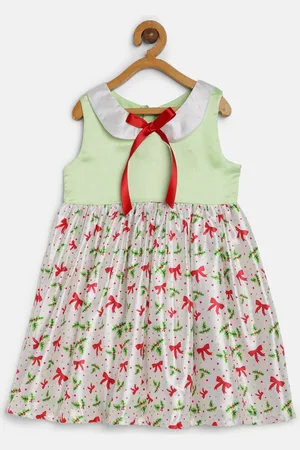 MANY FROCKS & Girls Green Printed Fit-Flare Satin Dress