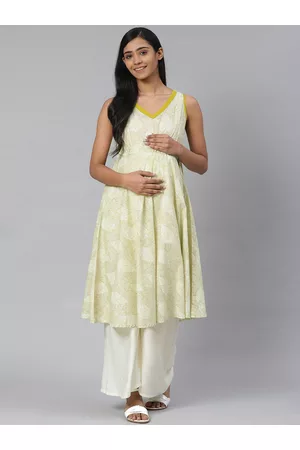anayna Women Green & Off-White Ethnic Motif Pure Cotton Printed Anarkali Kurta