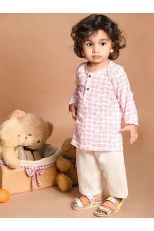 LIL PITAARA Floral Kurtas - Unisex Kids Pink Floral Printed Pure Cotton Kurta with Pyjamas