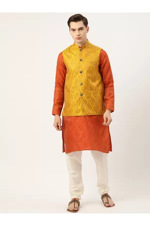 SOJANYA Men Orange Self-Design Kurta with Churidar & Nehru Jacket