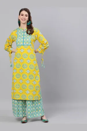 Antaran Women Yellow & Green Ethnic Motifs Printed Pure Cotton Kurta with Palazzos