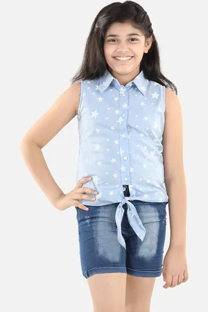 StyleStone Girls Blue Stars Printed Pure Cotton Top and Shorts
