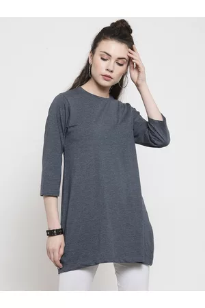 Kalt Women Blue Solid Round Neck Longline T-shirt