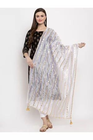 Clora Creation White & Gold-Toned Gotta Patti Silk Dupatta