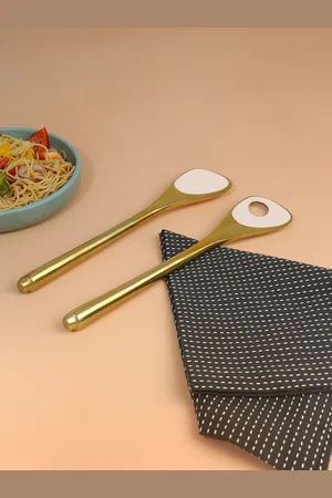 ellementry Set Of 2 Gold-Toned & White Metal & Enamel Fusion Salad Servers