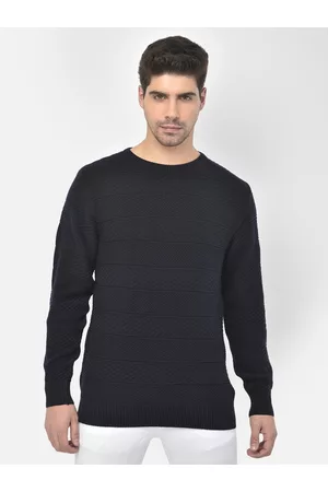 Richlook Men Navy Blue Pure Cotton Pullover Sweater