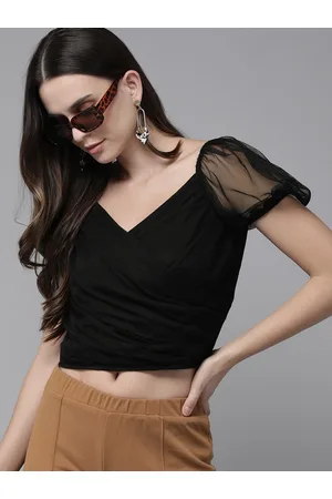 Rare Fashion Black Sweetheart Neck Net Puff Sleeves Crop Top