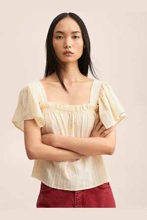 MANGO Women Yellow Pure Cotton Self Design Top