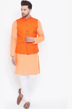 Vastramay Men Orange Kurta with Churidar & Nehru Jacket