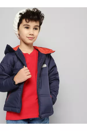 YK Boys Navy Blue Solid Hooded Puffer Jacket