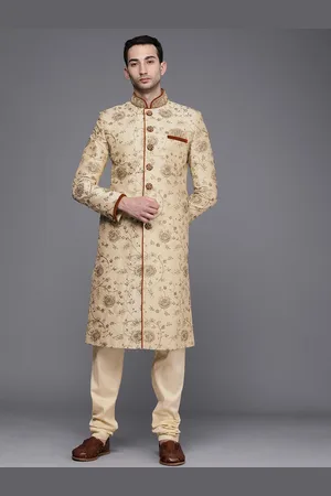 Manyavar Men Beige Floral Embroidered Sherwani and Churidar Set